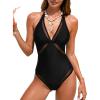imageCUPSHE Womens One Piece Swimsuit Halter V Neck Self Tied Straps Bathing Suit Mesh Edge Standard CoverageBlack