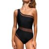 imageCUPSHE Womens One Piece Swimsuit One Shoulder Asymmetrical Neck Open Panel Bathing Suit Mesh PanelBlack