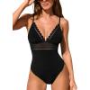 imageCUPSHE Womens One Piece Swimsuit Scalloped V Neck Bathing Suit Mesh Cutout Adjustable Straps Spaghetti Textured SexyBlack