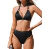 imageCUPSHE Womens Two Piece Bikini Sets V Neck Bathing Suits Textured Halter Side Shirred Back Hook Adjustable StrapsBlack