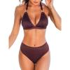 imageCUPSHE Womens Two Piece Bikini Sets V Neck Bathing Suits Textured Halter Side Shirred Back Hook Adjustable StrapsBrown