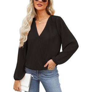 imageCUPSHE V Neck Wrap Velvet Tops Dressy Causal Long Sleeve Business Work Blouses Loose Fit Shirts Vacation OutfitsBlack