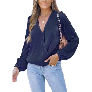 imageCUPSHE V Neck Wrap Velvet Tops Dressy Causal Long Sleeve Business Work Blouses Loose Fit Shirts Vacation OutfitsDark Blue