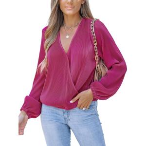 imageCUPSHE V Neck Wrap Velvet Tops Dressy Causal Long Sleeve Business Work Blouses Loose Fit Shirts Vacation OutfitsFuchsia