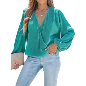 imageCUPSHE V Neck Wrap Velvet Tops Dressy Causal Long Sleeve Business Work Blouses Loose Fit Shirts Vacation OutfitsGreen
