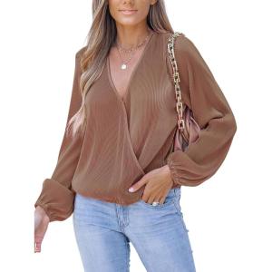 imageCUPSHE V Neck Wrap Velvet Tops Dressy Causal Long Sleeve Business Work Blouses Loose Fit Shirts Vacation OutfitsLight Brown
