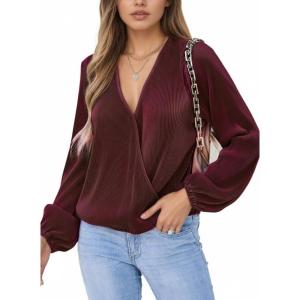 imageCUPSHE V Neck Wrap Velvet Tops Dressy Causal Long Sleeve Business Work Blouses Loose Fit Shirts Vacation OutfitsWine