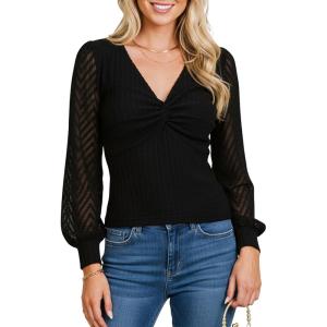 imageCUPSHE Women Long Sleeve Tops V Neck Twist Knot Sexy Mesh Casual BlousesBlack