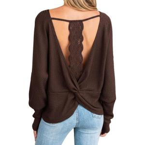 imageCUPSHE Women Open Back Long Sleeve Tops Trendy Going Out Casual Basic ShirtsCoffee