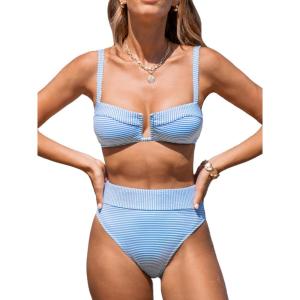 imageCUPSHE Womens Bikini Set High Waisted Two Piece Swimsuit U Wire High Leg Cut Cheeky Bottom Bathing Suit Back HookWhiteBlue Stripe