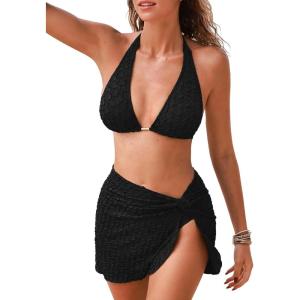imageCUPSHE Womens Bikini Sets Three Piece Swimsuit V Neck Textured Halter Back Self Tie Twist Sarong Low RiseBlack