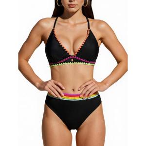 imageCUPSHE Womens Bikini Sets Two Piece Swimsuit V Neck Halter Strap Bathing Suit Color Block Crisscross Back Self TieBlack