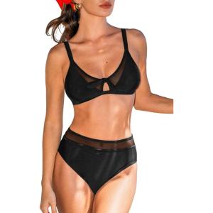imageCUPSHE Womens Bikini Sets Two Piece Swimsuit V Neck High Waisted Bathing Suit Mesh Keyhole Adjustable StrapsBlack