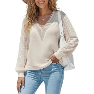 imageCUPSHE Womens Casual Long Lace Sleeve V Neck Tops 2025 Fall Loose Shirts BlouseBeige