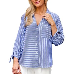 imageCUPSHE Womens Casual Striped Top V Neck Button Down Shirt Long Sleeve Tie Cuffs Loose Fit BlouseBlue