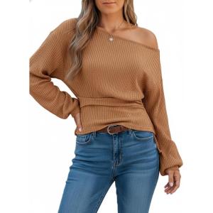imageCUPSHE Womens Off The Shoulder Top Fall 2025 Oversized Knit Long Lantern Sleeves Pullover BlousesBrown
