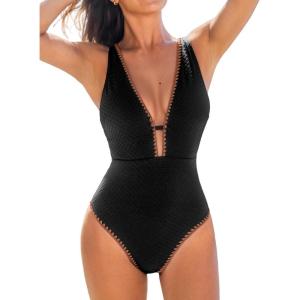 imageCUPSHE Womens One Piece Swimsuit Tummy Control V Neck Cutout Bathing Suit Crisscross Back Textured Cheeky BottomBlack
