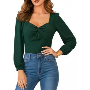imageCUPSHE Womens Sweetheart Neck Tops Twist Front Long Sleeve Blouse Dressy Fall Going Out ShirtGreen