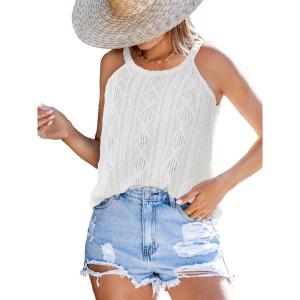 imageCUPSHE Womens Top Hollow Lace Tank Top Casual Mock Neck Sleeveless Summer Vest Blouses 2025 FashionWhite