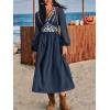 imageCUPSHE Fall Dresses for Women V Neck Long Sleeve Tunic Waist Slit Solid Color A Line Midi Casual DressNavy Paisley