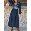 imageCUPSHE Fall Dresses for Women V Neck Long Sleeve Tunic Waist Slit Solid Color A Line Midi Casual DressNavy Paisley