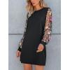 imageCUPSHE Mini Dresses for Women Round Neck Sheer Long Sleeve Floral Knit A Line Fall Casual DressBlack