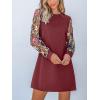 imageCUPSHE Mini Dresses for Women Round Neck Sheer Long Sleeve Floral Knit A Line Fall Casual DressBurgundy