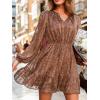 imageCUPSHE Women Fall Dresses Double Layer Glitter V Neck Ruffle Floral Puff Long Sleeve Elastic Waist Mini DressBrown