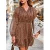 imageCUPSHE Women Fall Dresses Double Layer Glitter V Neck Ruffle Floral Puff Long Sleeve Elastic Waist Mini DressBrown