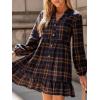 imageCUPSHE Women Fall Dresses Plaid Ruffle Hem V Neck Long Sleeve Button Holiday Tunic Mini DressNavy