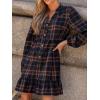 imageCUPSHE Women Fall Dresses Plaid Ruffle Hem V Neck Long Sleeve Button Holiday Tunic Mini DressNavy
