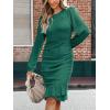 imageCUPSHE Women Fall Dresses Ruffle Hem Knit Ruched Crew Neck Long Sleeve Bodycon Cocktail Mini DressGreen