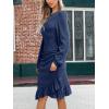 imageCUPSHE Women Fall Dresses Ruffle Hem Knit Ruched Crew Neck Long Sleeve Bodycon Cocktail Mini DressNavy Blue