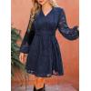 imageCUPSHE Women Fall Wedding Guest Dresses Lace V Neck Ruffle Smocked A Line Cocktail Mini DressNavy