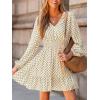imageCUPSHE Women Geo V Neck Fall Dress Sleeveless Smocked Waist A Line Long Sleeve Button Casual Sundress Mini DressBrown