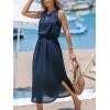 imageCUPSHE Women Knit Summer Dress Cover Up Crew Neck Elastic Waist Side Slit Midi Casual Sundress Beach Cover Up DressesNavy Blue