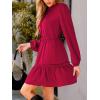 imageCUPSHE Women Ruffle Fall Dresses Long Bubble Sleeve Crewneck Smocked Waist Holiday Party Winter Mini DressLight Red