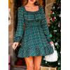 imageCUPSHE Womens Fall Dresses Long Sleeves Scoop Neck Casual Outfits Plaid Smocked A Line Work Ruffled Flowy Mini Party DressGreen Plaid
