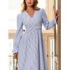 imageCUPSHE Womens Fall Dresses Striped V Neck Long Sleeve Elastic Somked Swing Maxi DressBlue