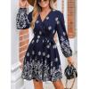 imageCUPSHE Womens Fall Dresses V Neck Long Sleeve Floral Print Belted Tie Front Casual A Line Mini DressNavy