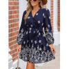 imageCUPSHE Womens Fall Dresses V Neck Long Sleeve Floral Print Belted Tie Front Casual A Line Mini DressNavy