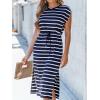 imageCUPSHE Womens Knit Striped Casual Summer Dress Drawstring Waist Midi Dresses Short Sleeve Round Neckline SundressNavy Blue