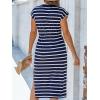 imageCUPSHE Womens Knit Striped Casual Summer Dress Drawstring Waist Midi Dresses Short Sleeve Round Neckline SundressNavy Blue