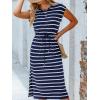 imageCUPSHE Womens Knit Striped Casual Summer Dress Drawstring Waist Midi Dresses Short Sleeve Round Neckline SundressNavy Blue