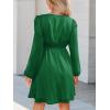 imageCUPSHE Womens Long Peasant Sleeve V Neck Fall Mini Dress Casual Elastic High Waist Chiffon Flowy A Line DressesDark Green