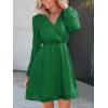 imageCUPSHE Womens Long Peasant Sleeve V Neck Fall Mini Dress Casual Elastic High Waist Chiffon Flowy A Line DressesDark Green