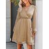 imageCUPSHE Womens Long Peasant Sleeve V Neck Fall Mini Dress Casual Elastic High Waist Chiffon Flowy A Line DressesKhaki