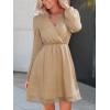 imageCUPSHE Womens Long Peasant Sleeve V Neck Fall Mini Dress Casual Elastic High Waist Chiffon Flowy A Line DressesKhaki