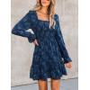 imageCUPSHE Womens Long Sleeve Fall Mini Dress Floral Square Neck Smocked Flowy A Line Ruffle DressNavy Blue