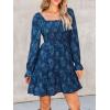 imageCUPSHE Womens Long Sleeve Fall Mini Dress Floral Square Neck Smocked Flowy A Line Ruffle DressNavy Blue